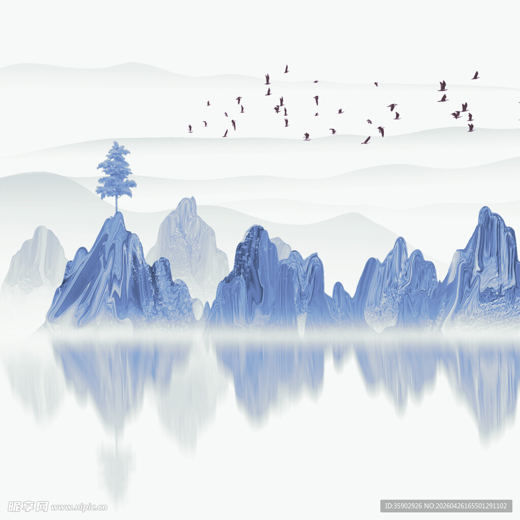 水墨山水间飞鸟绕孤树