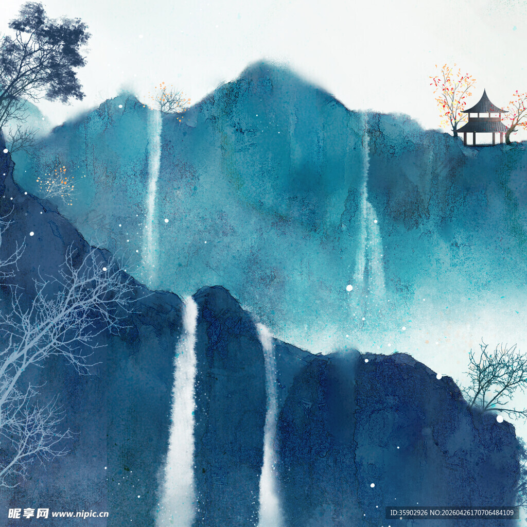 水墨山水间的瀑布与亭阁