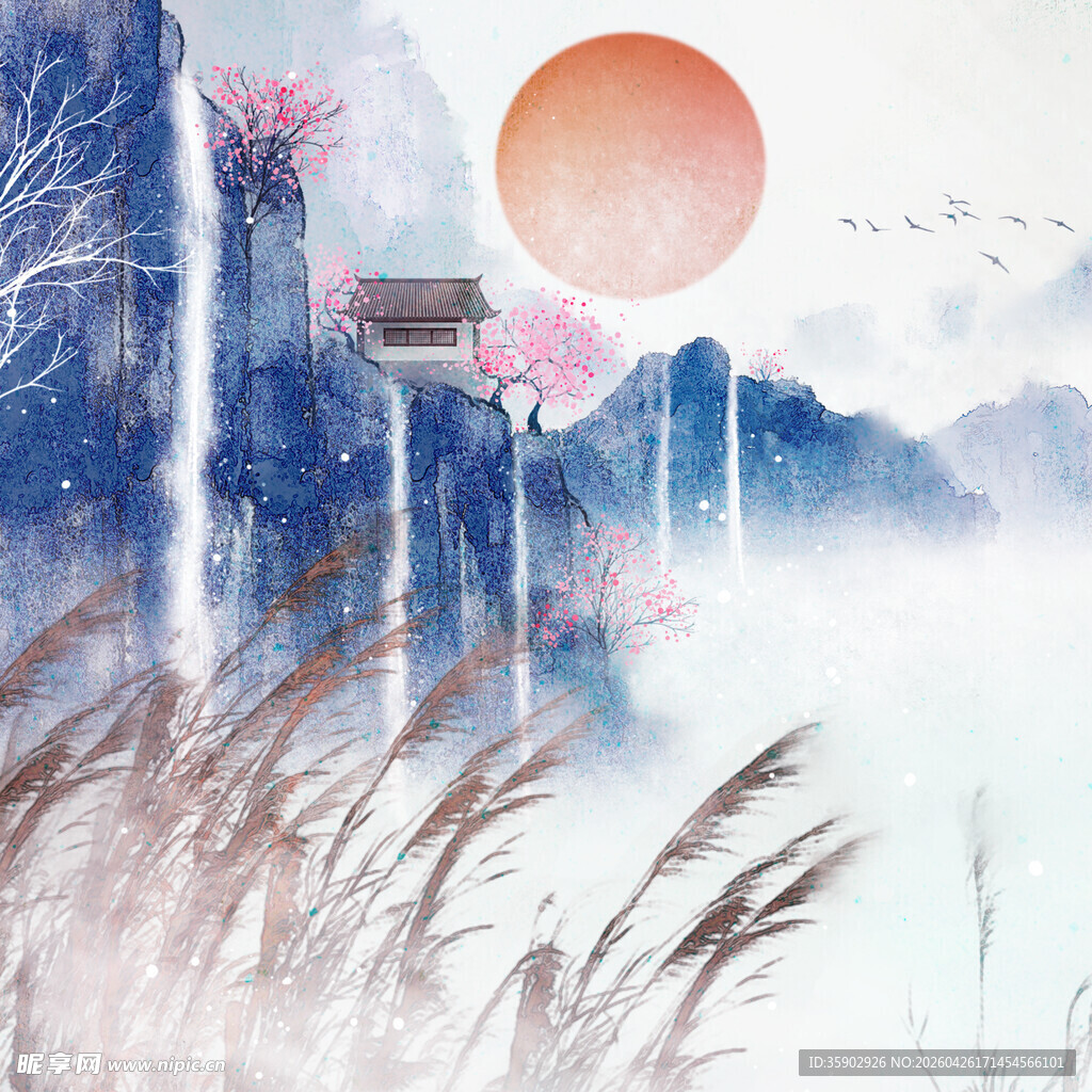 水墨秋景中的诗意圆月