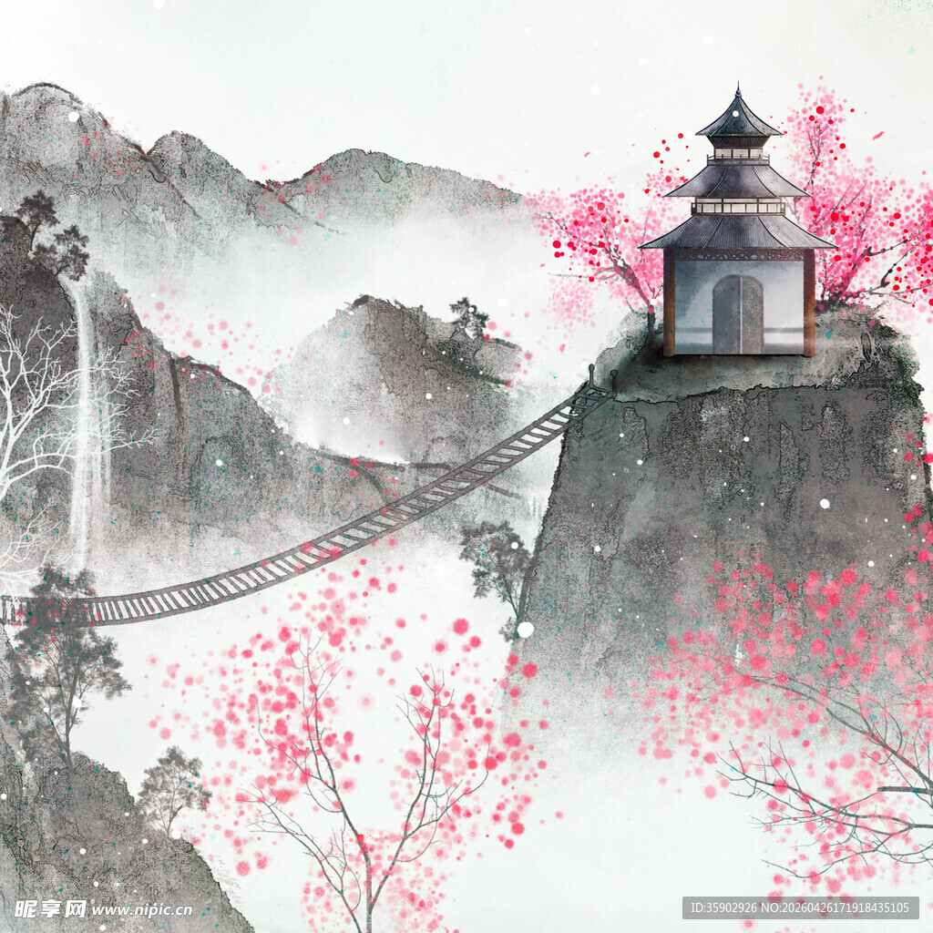 水墨山水间的古风楼阁