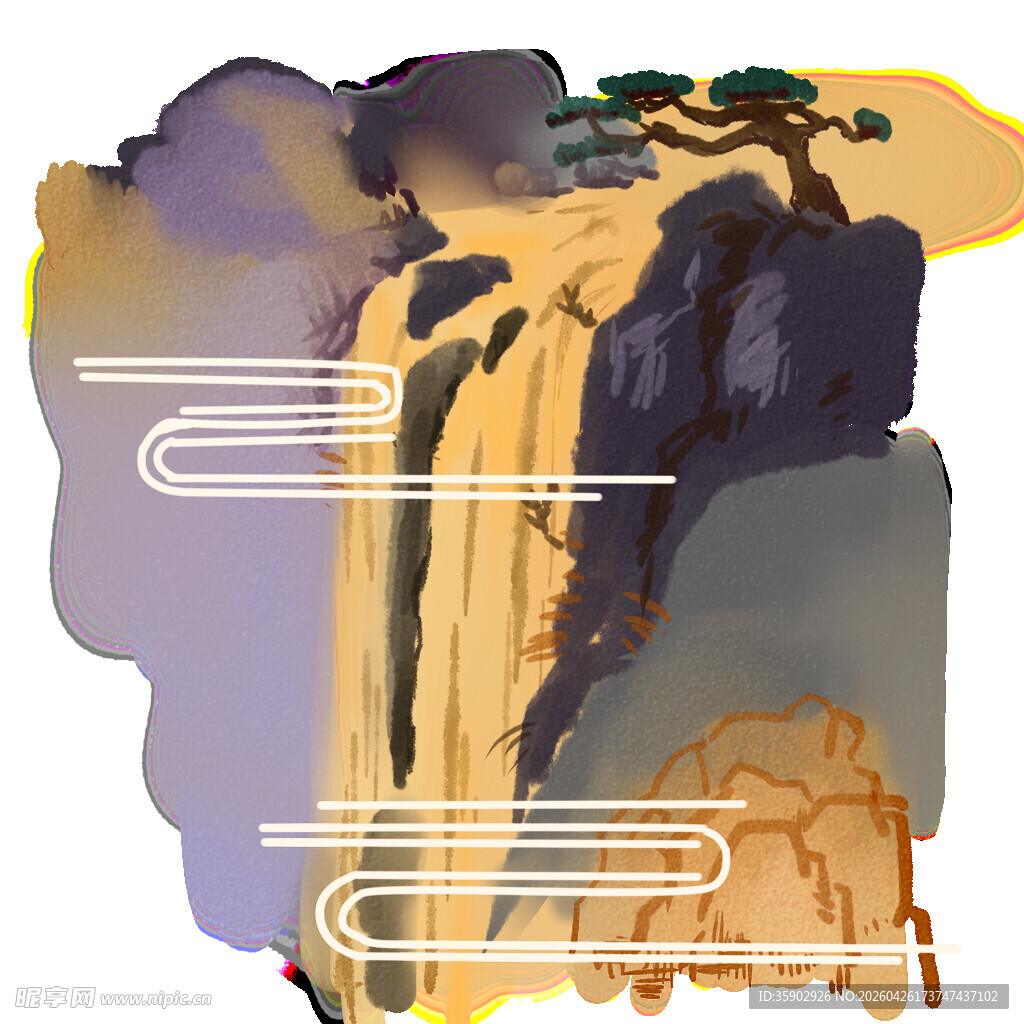 水墨风山水瀑布插画