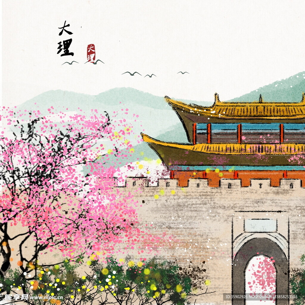 春日古风建筑与烂漫繁花