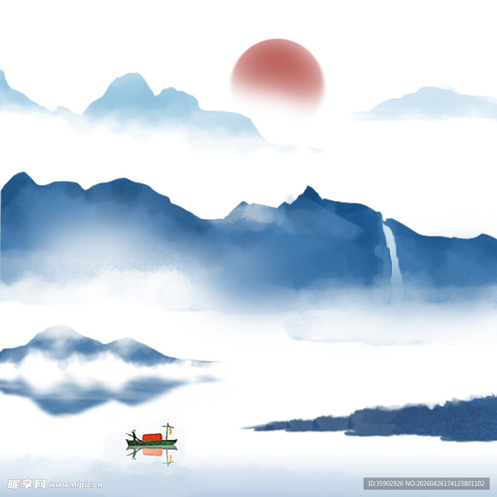水墨山水间独舟映红日