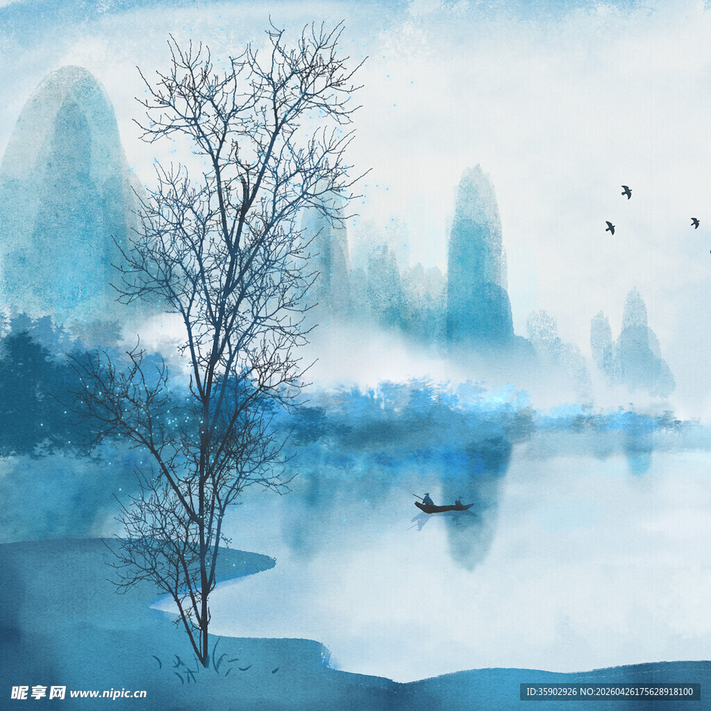水墨山水意境孤树扁舟图