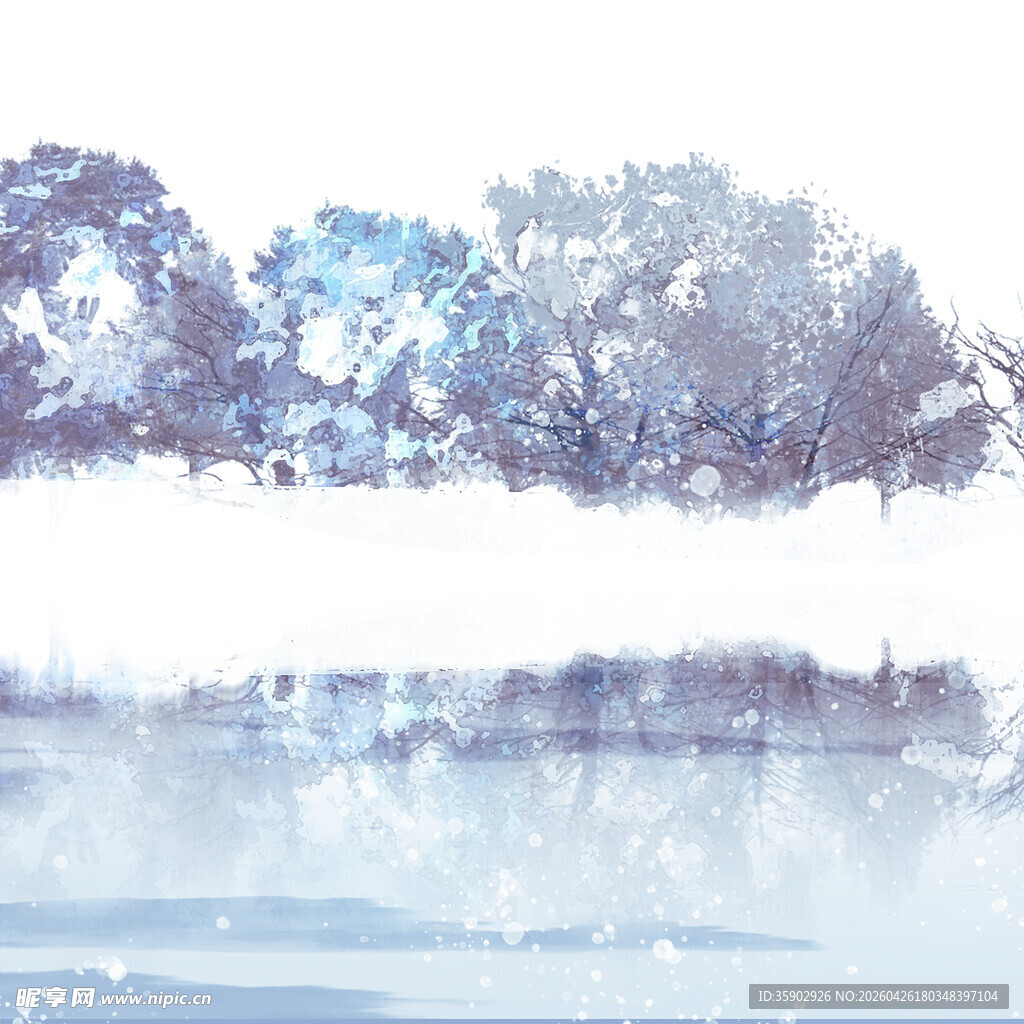 冬日湖畔雪景绘画