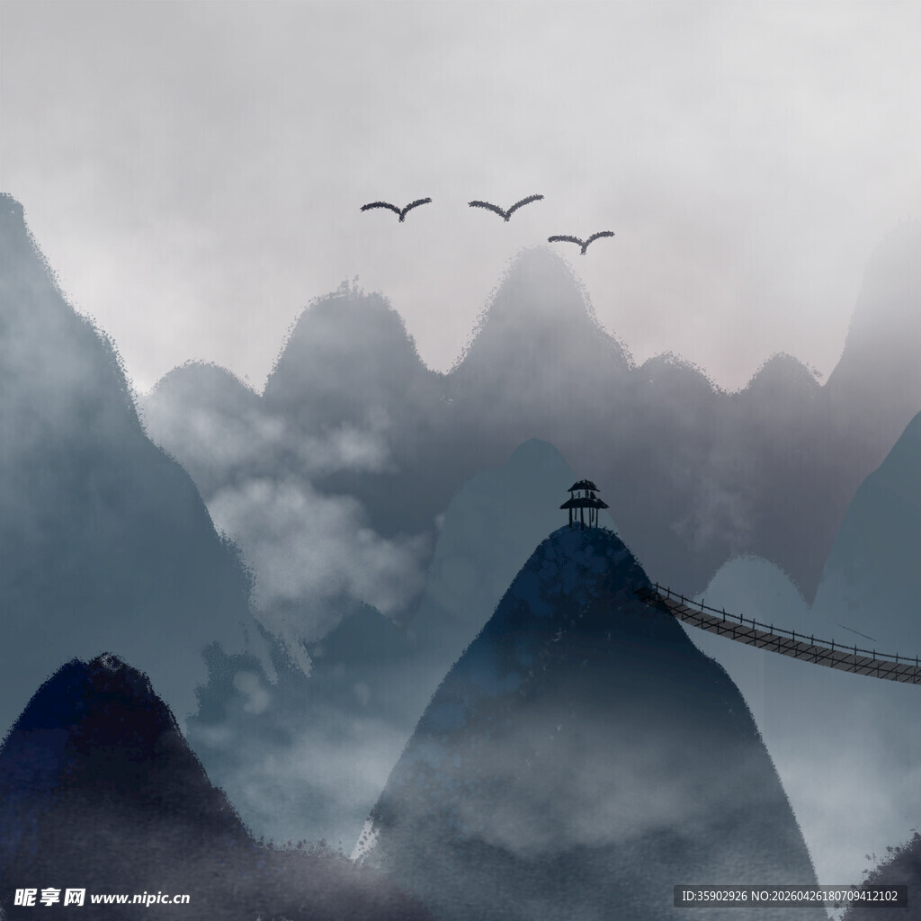 云雾山间孤峰悬索隐飞鸟