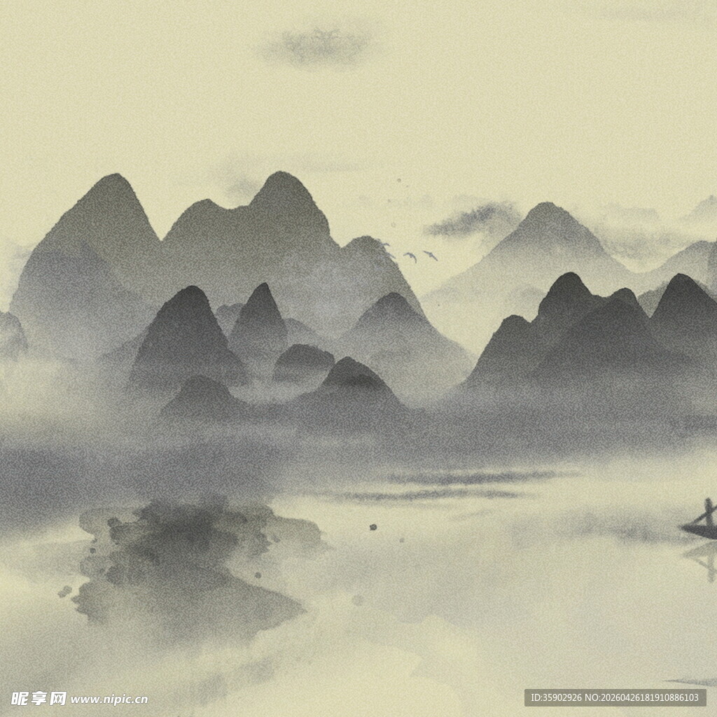 水墨山水间的孤舟意境