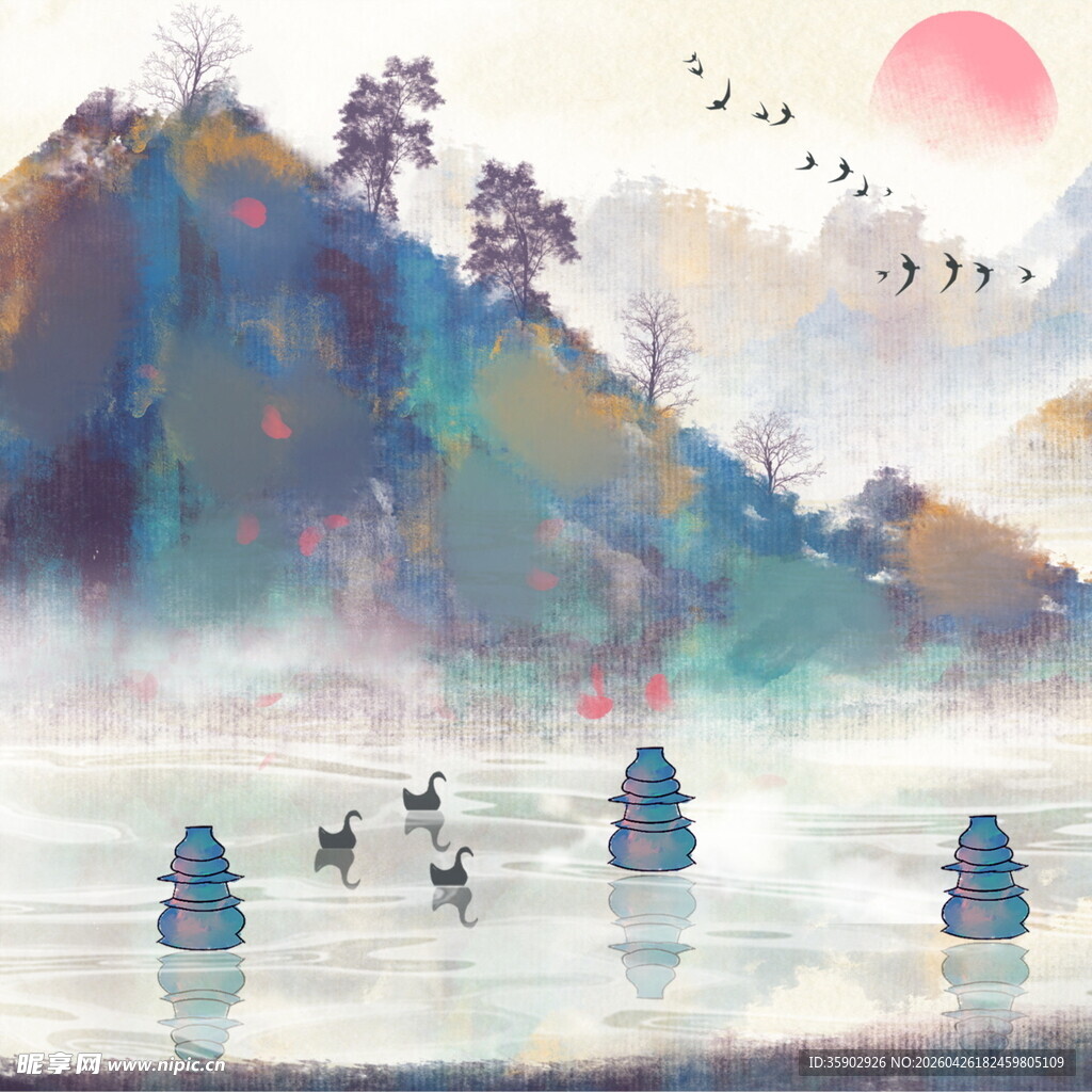 水墨山水间的诗意泛舟景