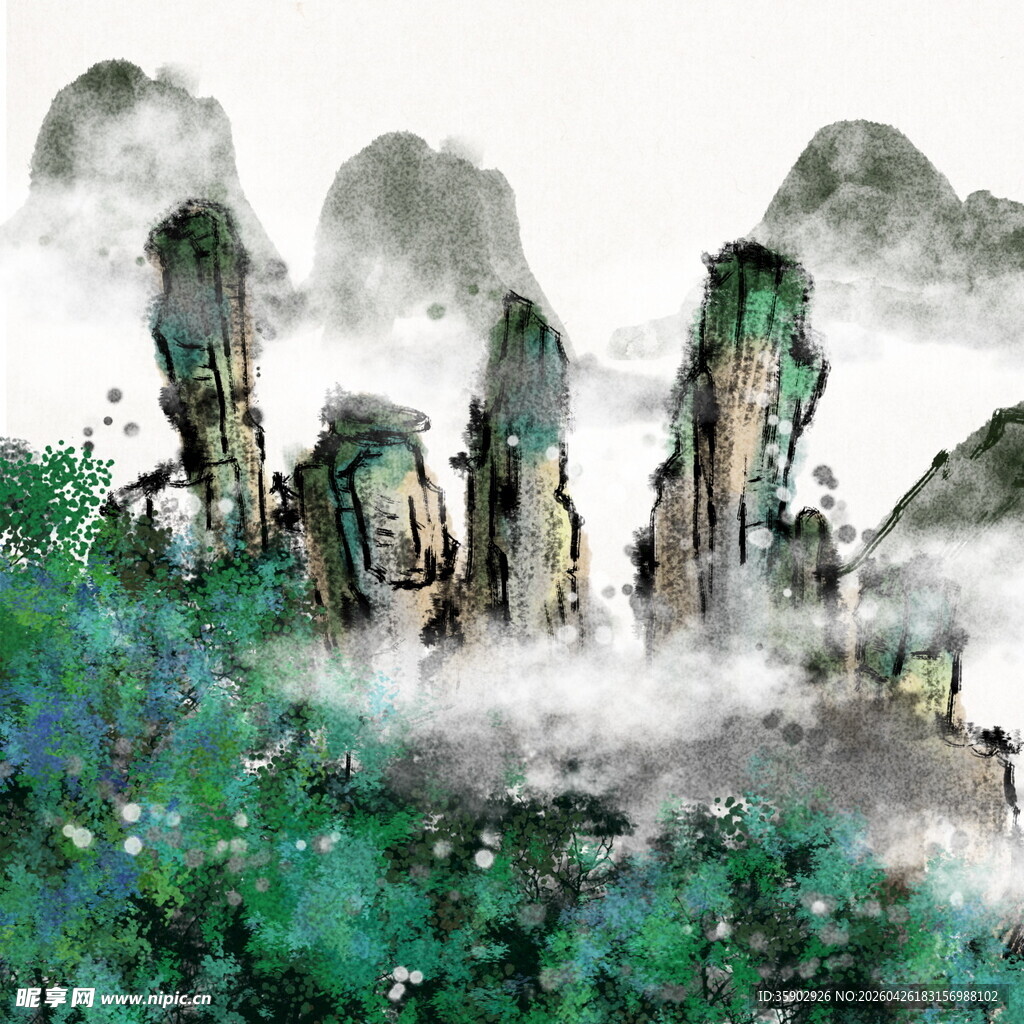 水墨山水间的奇峰云雾