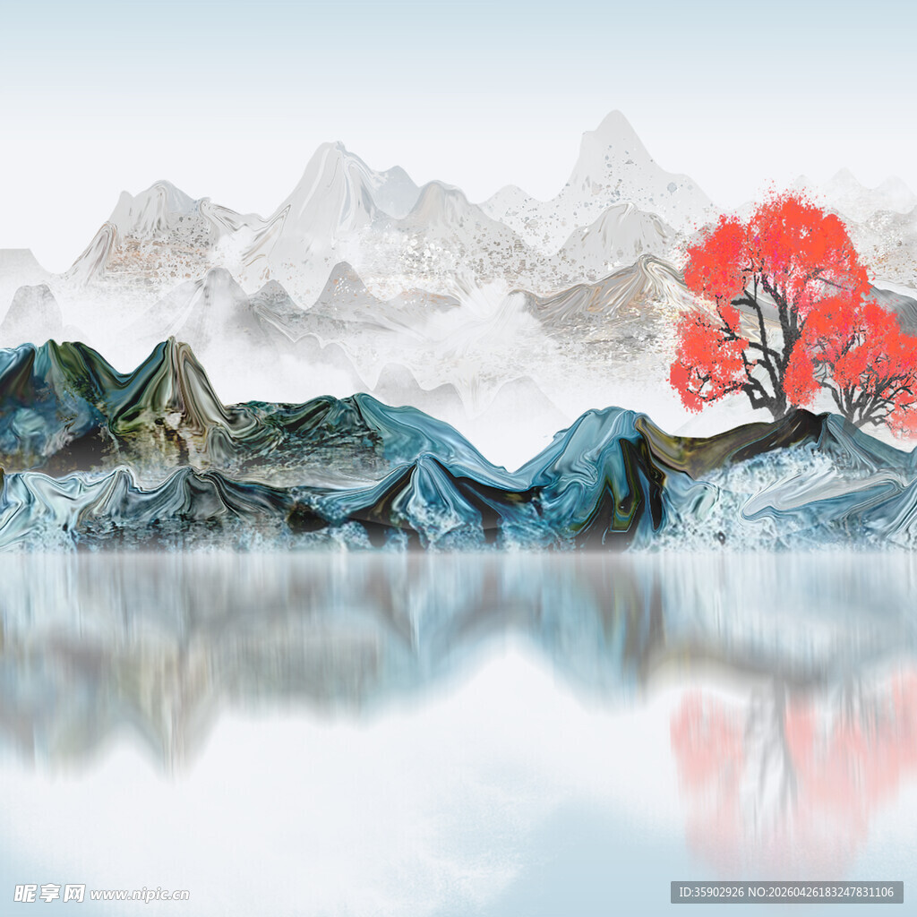 水墨山水间的火红孤树