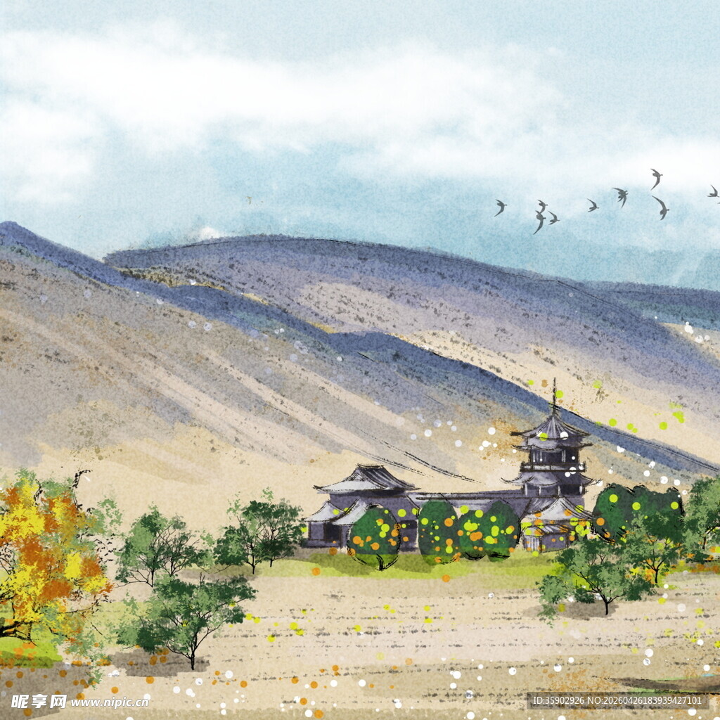 秋日山间古建筑风景图