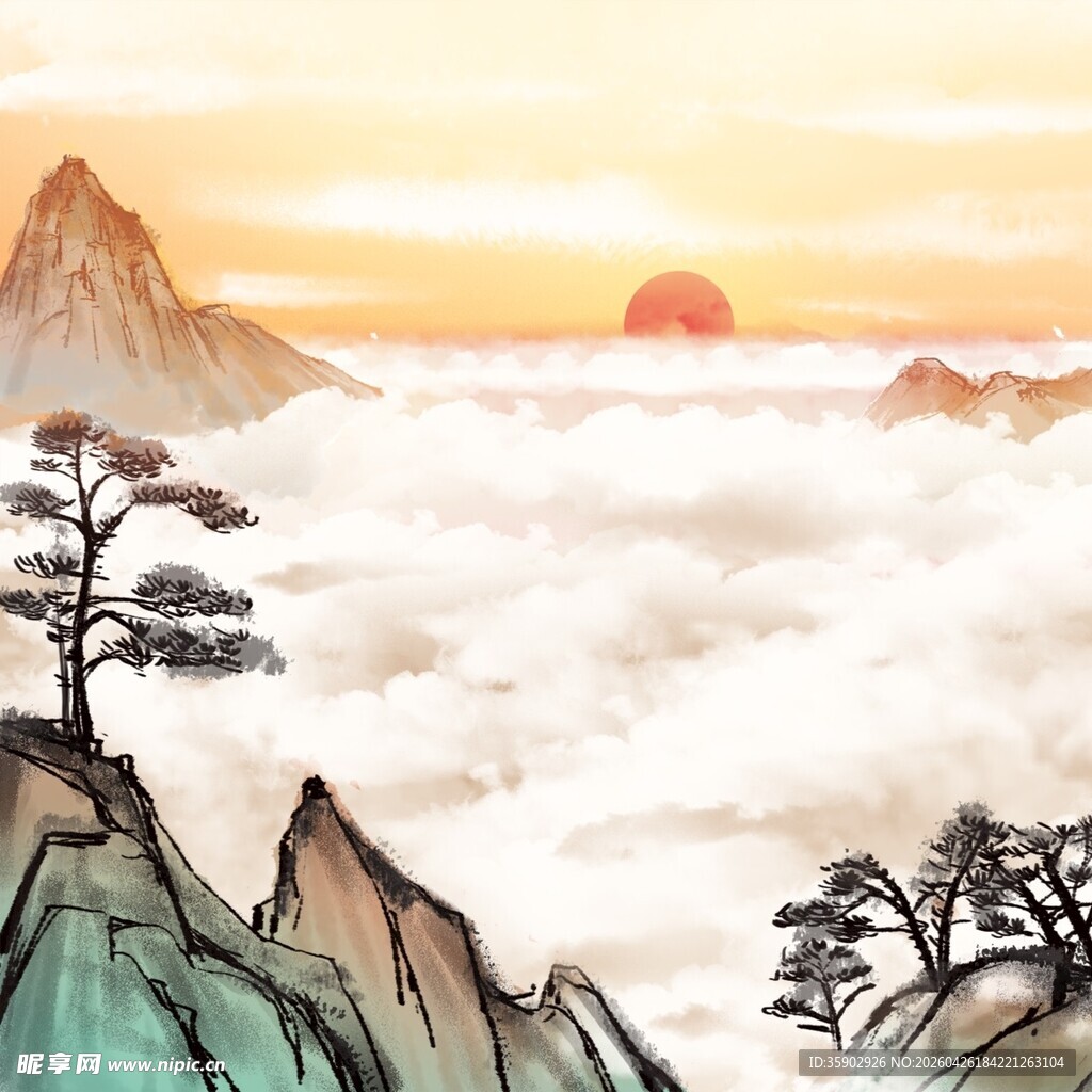 日出云海间青松立山巅