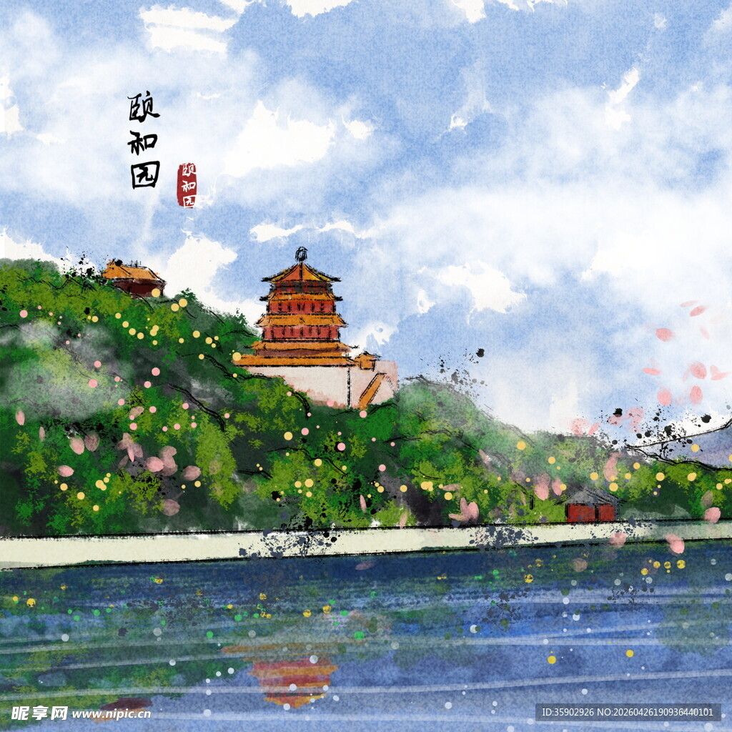 水墨风格的江边古典楼阁