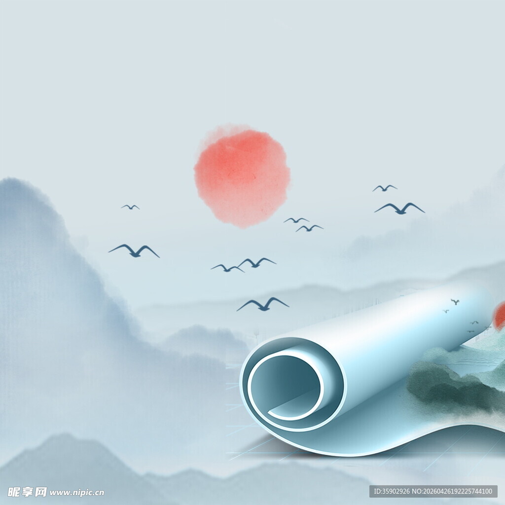 水墨卷轴日出飞鸟图景