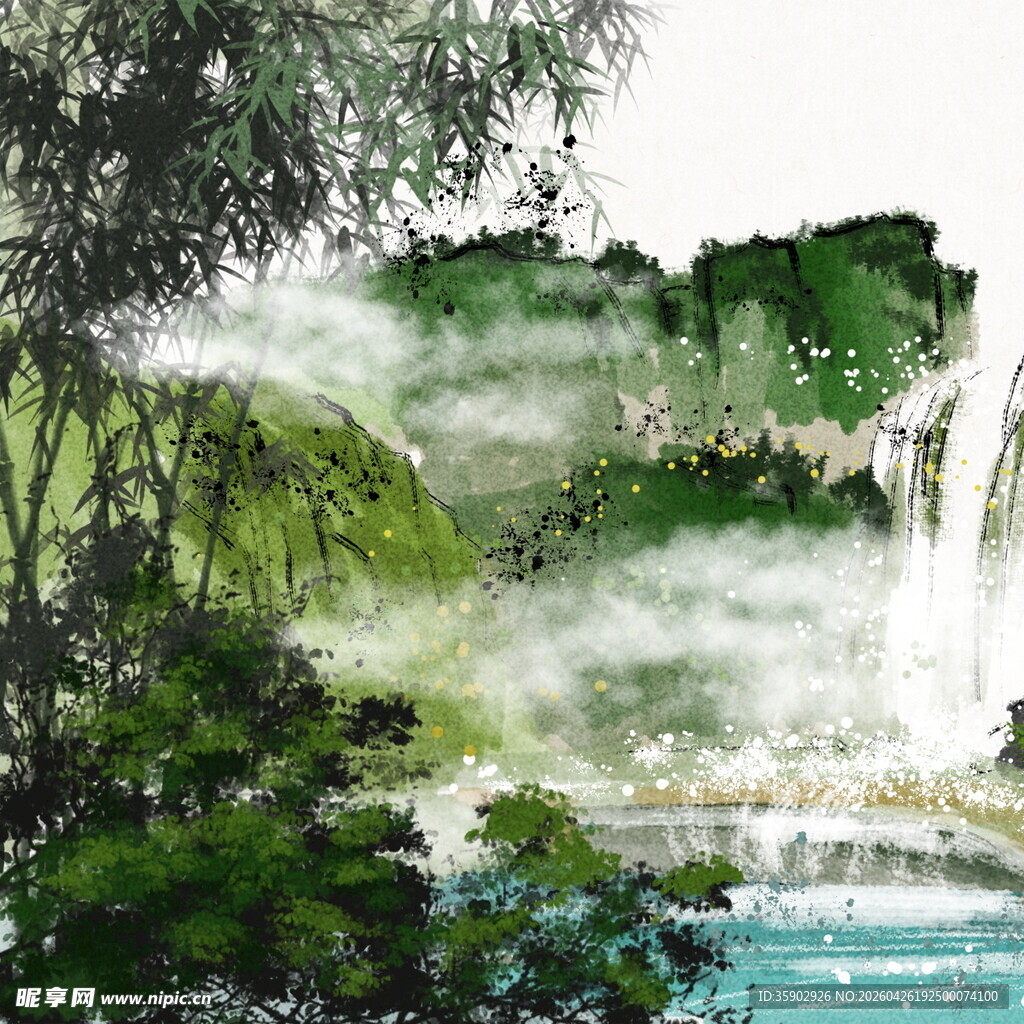 水墨山水间的瀑布景致