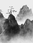 水墨山水间的孤松挺立