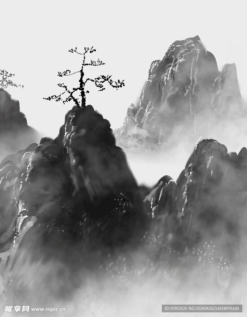 水墨山水间的孤松挺立