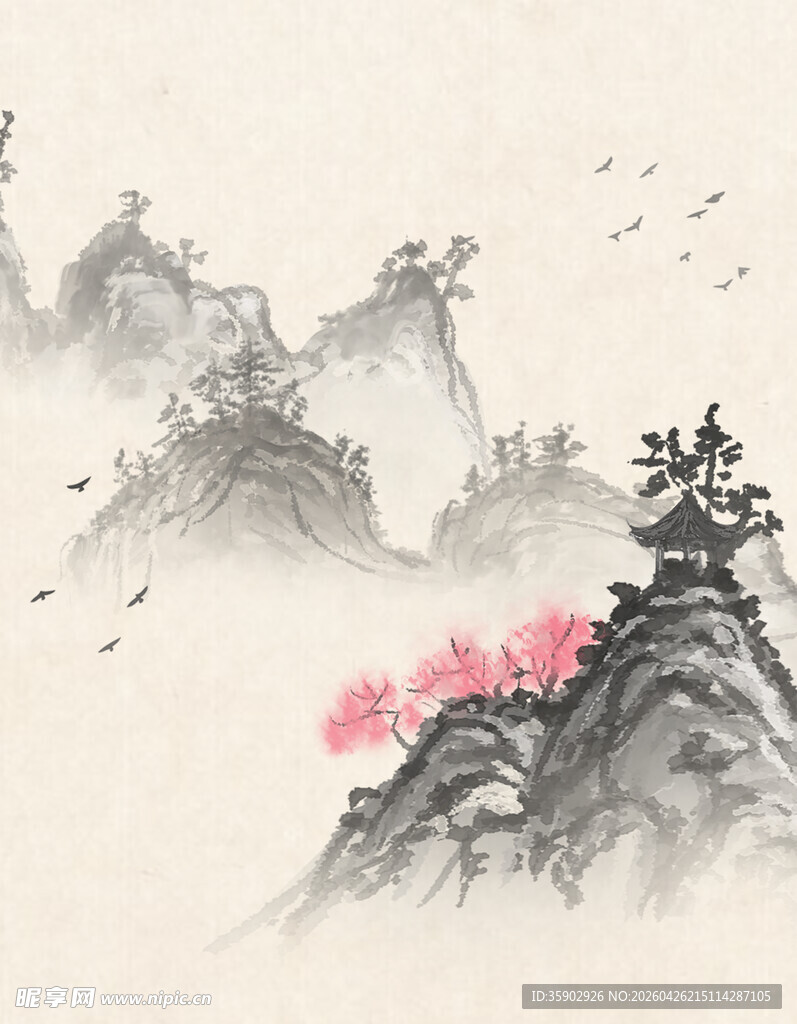 水墨山水间烂漫桃花景