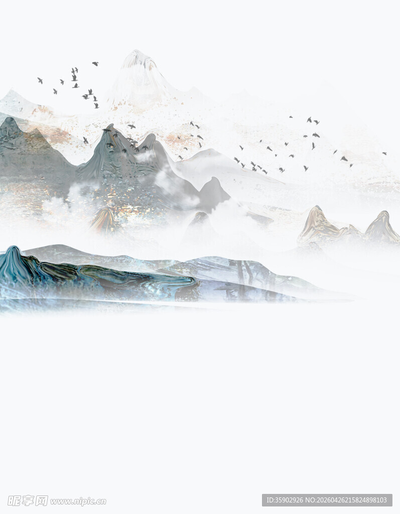 水墨山水间飞鸟景致