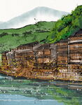 江边古建青山绿水相依