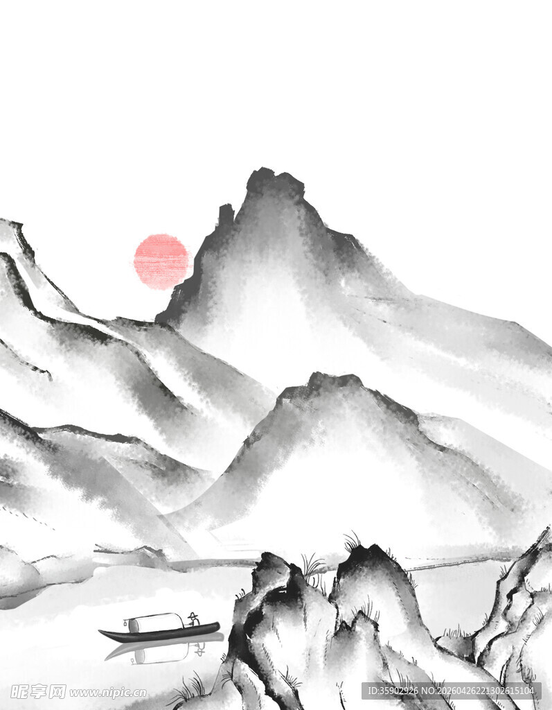 水墨山水间的孤舟落日