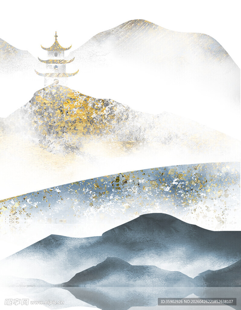水墨山水间的亭台楼阁