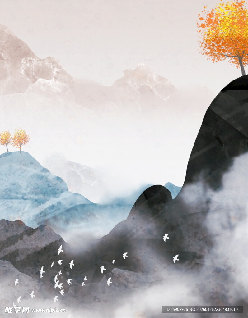 秋韵山水间孤树绽风华