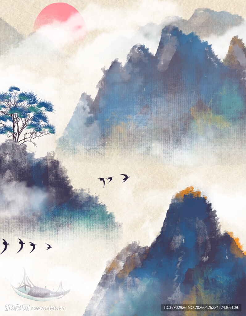水墨山水间飞鸟伴日景