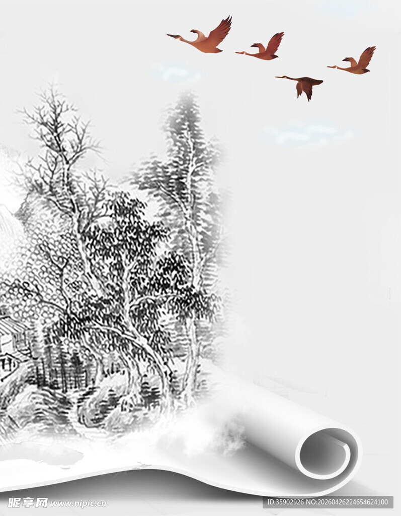 冬日雪景与飞鸟的诗意景象