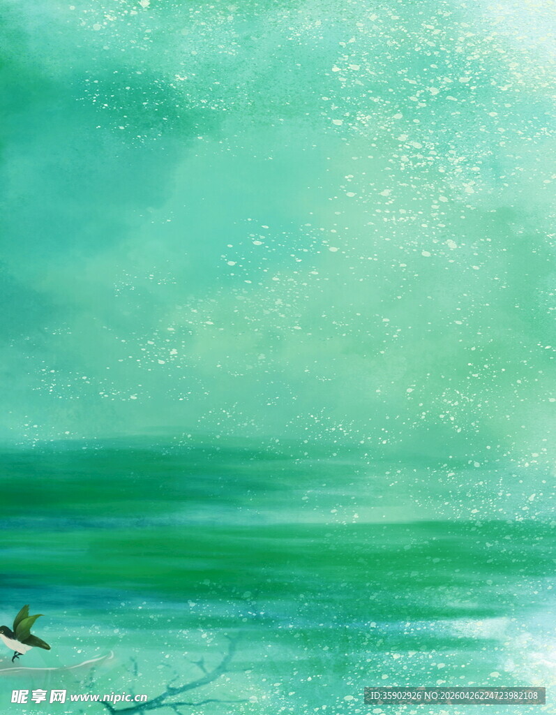 青绿水景中飞鸟翱翔