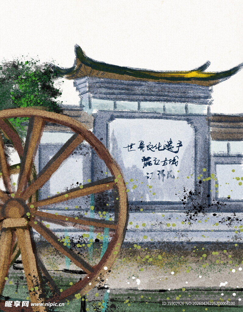 古风水车旁的中式建筑