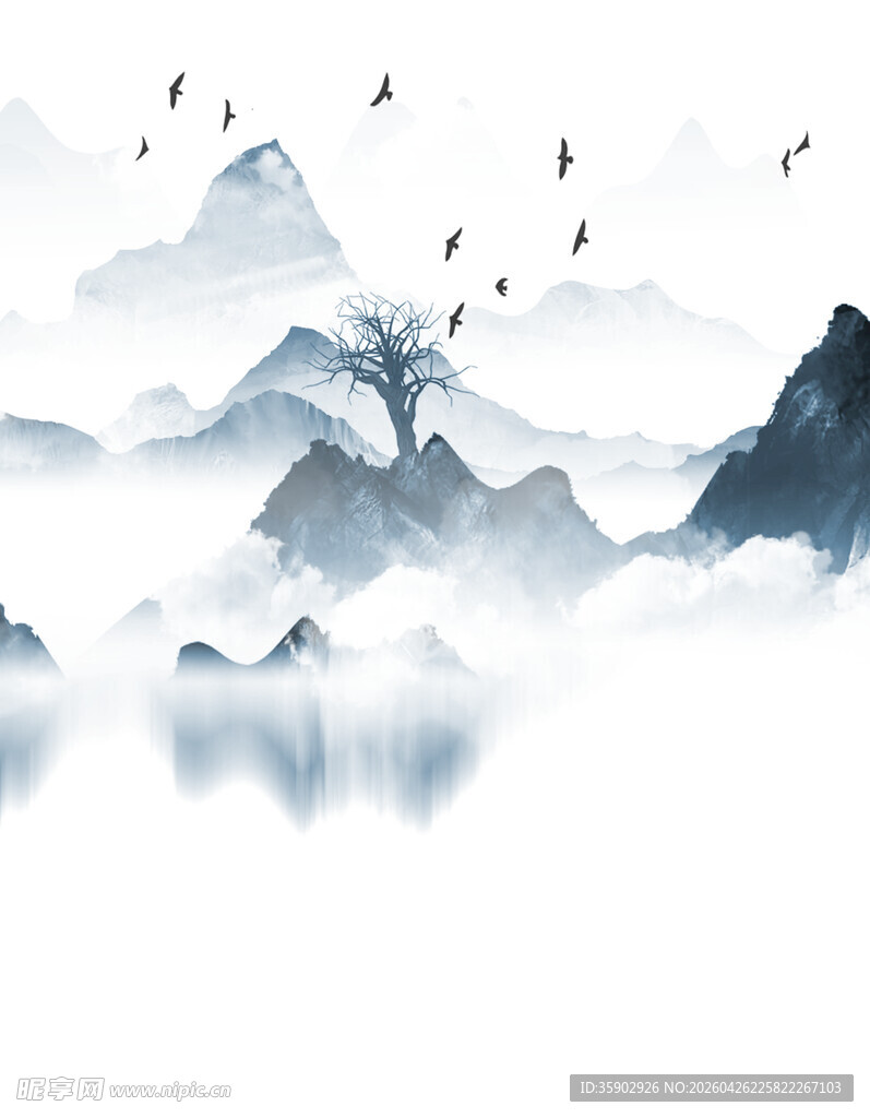 水墨山水间飞鸟孤树之景