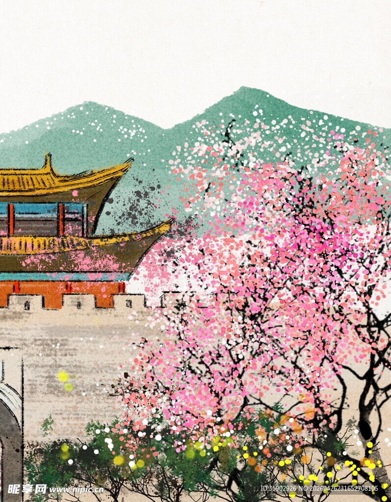 春日古景繁花映古建
