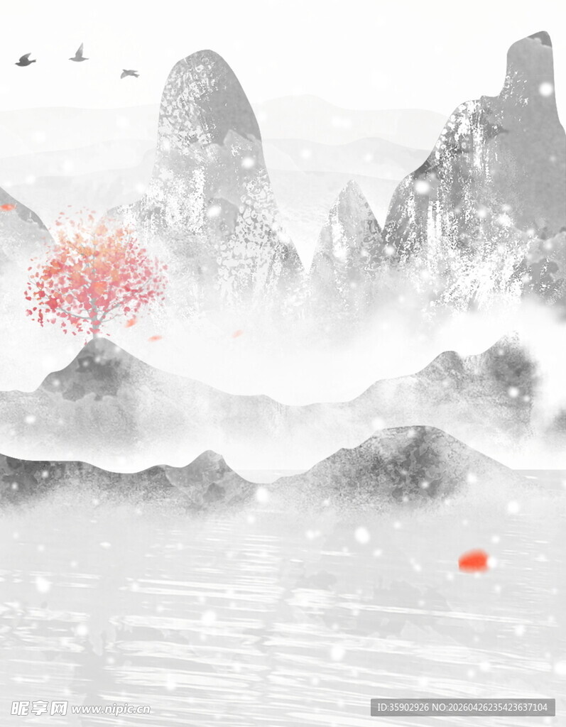 水墨山水间的一抹红韵
