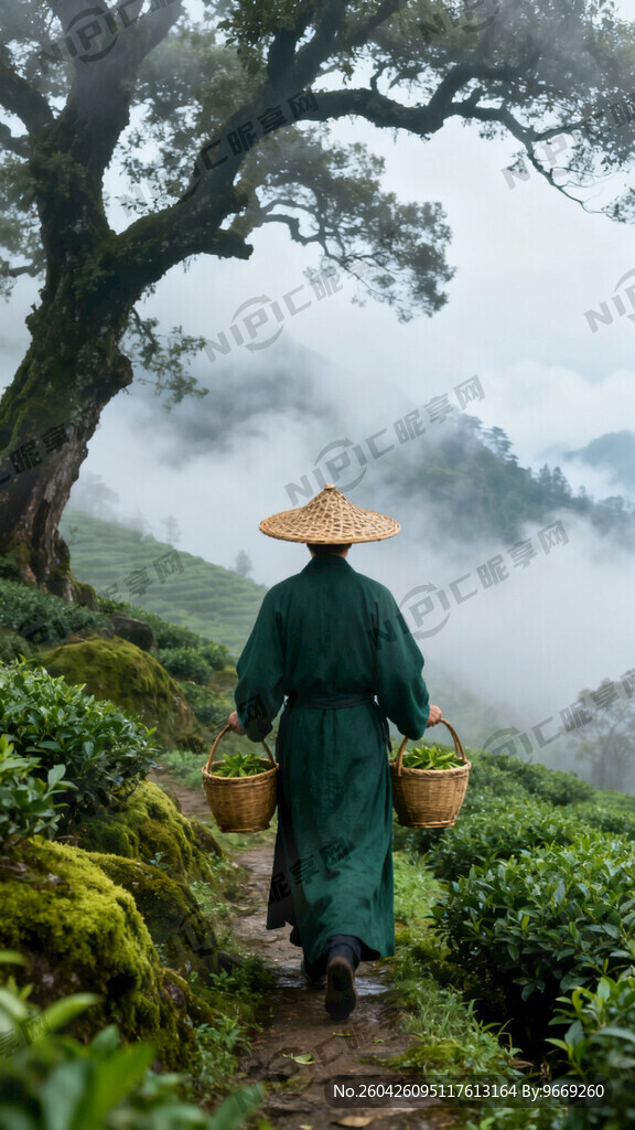 古风守茶人背影、戴竹编斗笠、深