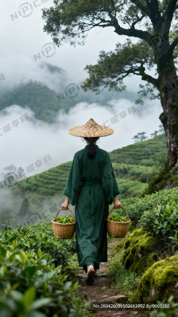 古风守茶女人背影、戴竹编斗笠、