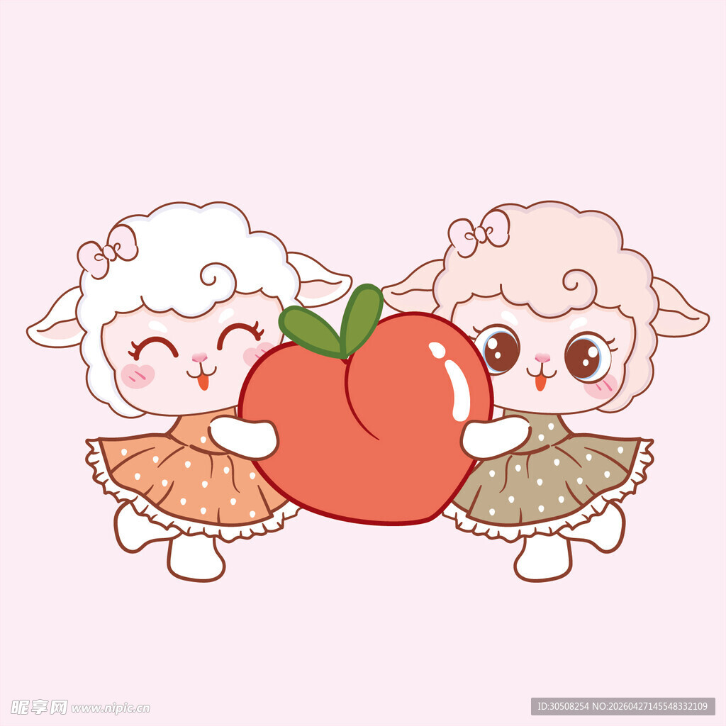 小羊与桃子的可爱插画