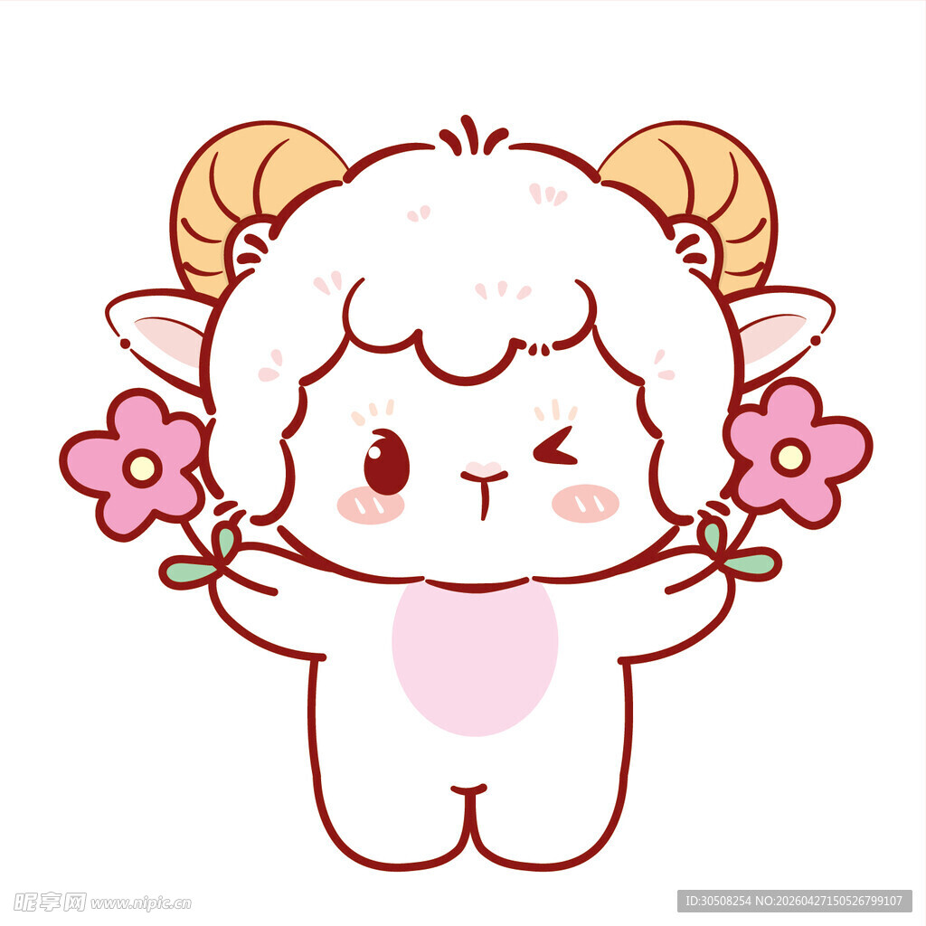 可爱小羊手持鲜花