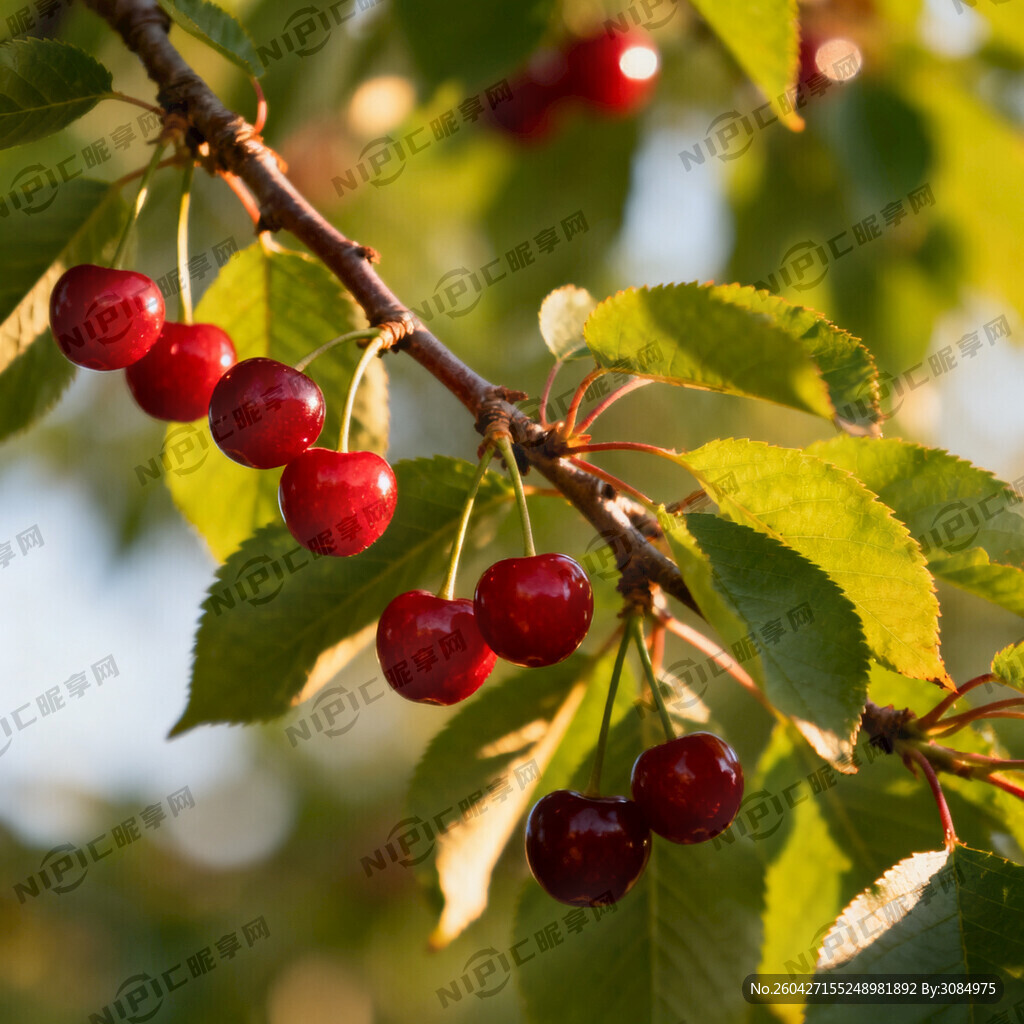 再多一些樱桃和叶子 完整的一枝