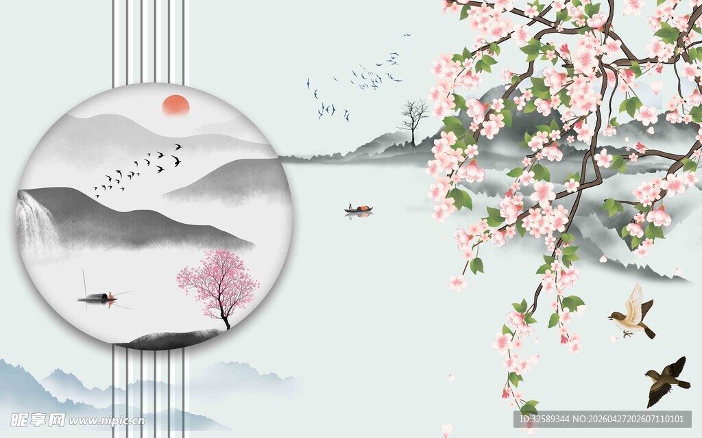 水墨山水间的花鸟春景