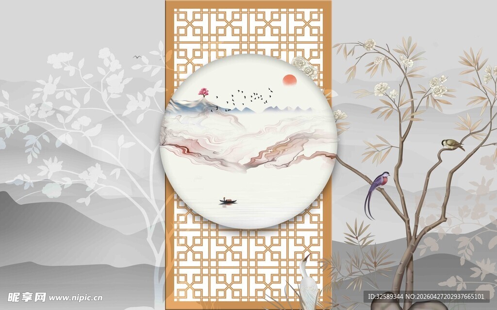 中式屏风风景古韵画面