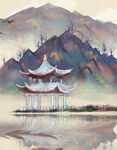 水墨山水间的古典亭阁