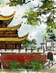 中式古建筑前的绚烂花丛