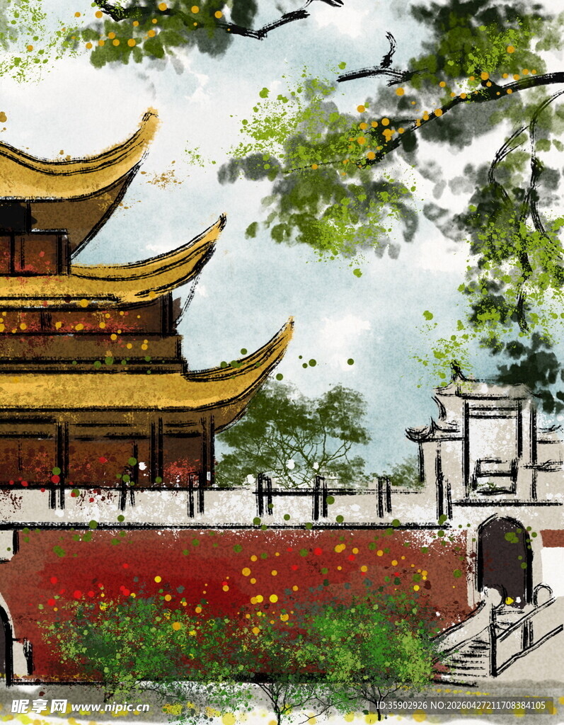 中式古建筑前的绚烂花丛