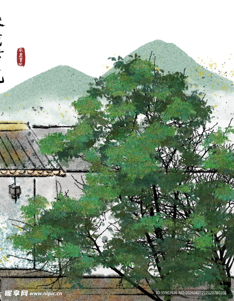中式庭院绿树青山美景