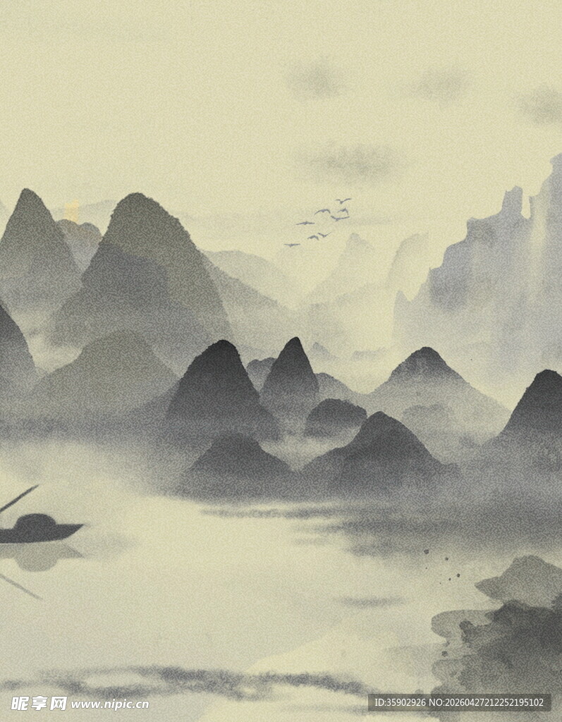 水墨山水孤舟悠然
