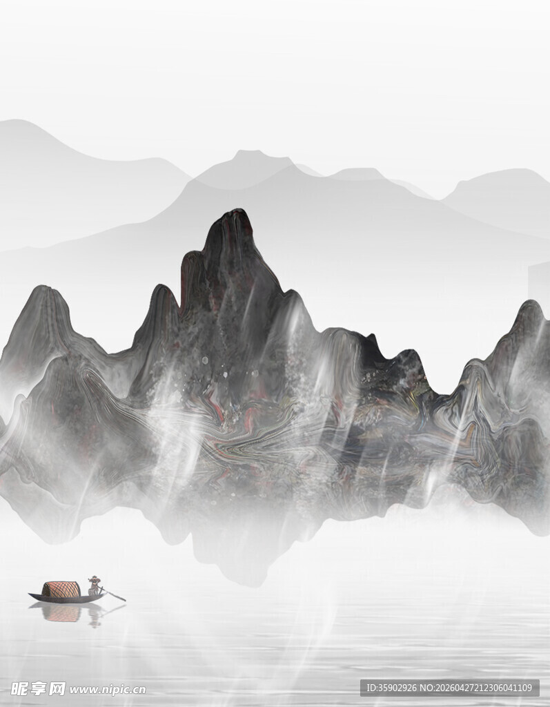 水墨山水间孤舟泛江景