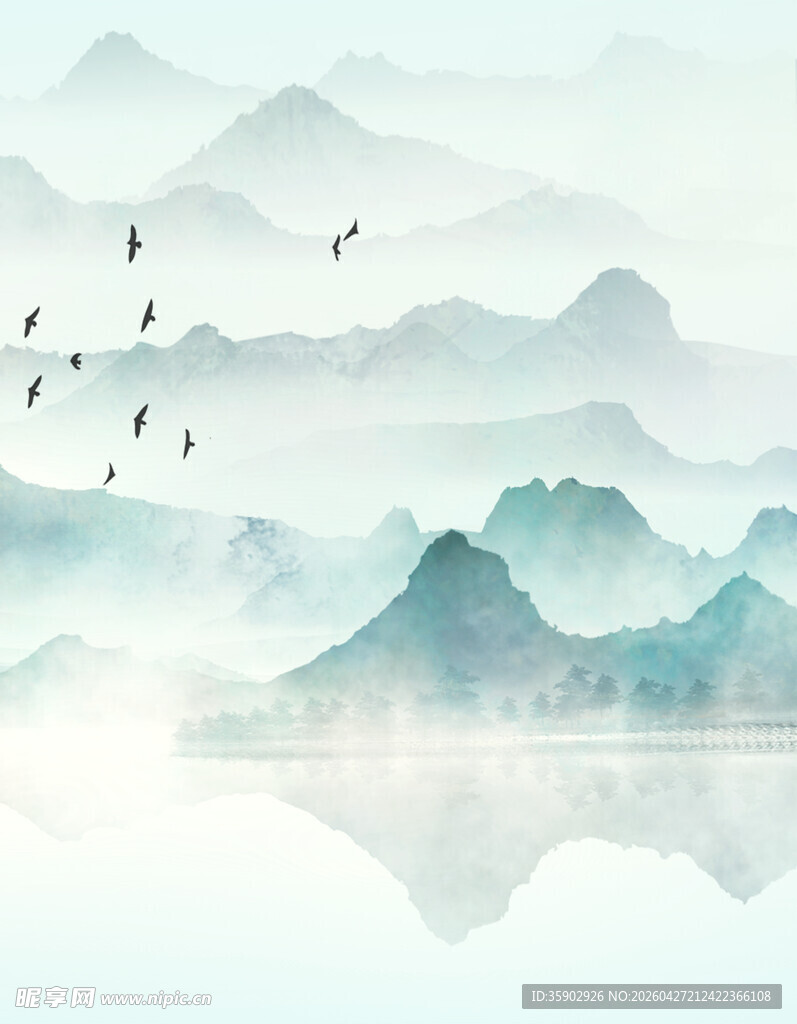 水墨山水飞鸟意境图