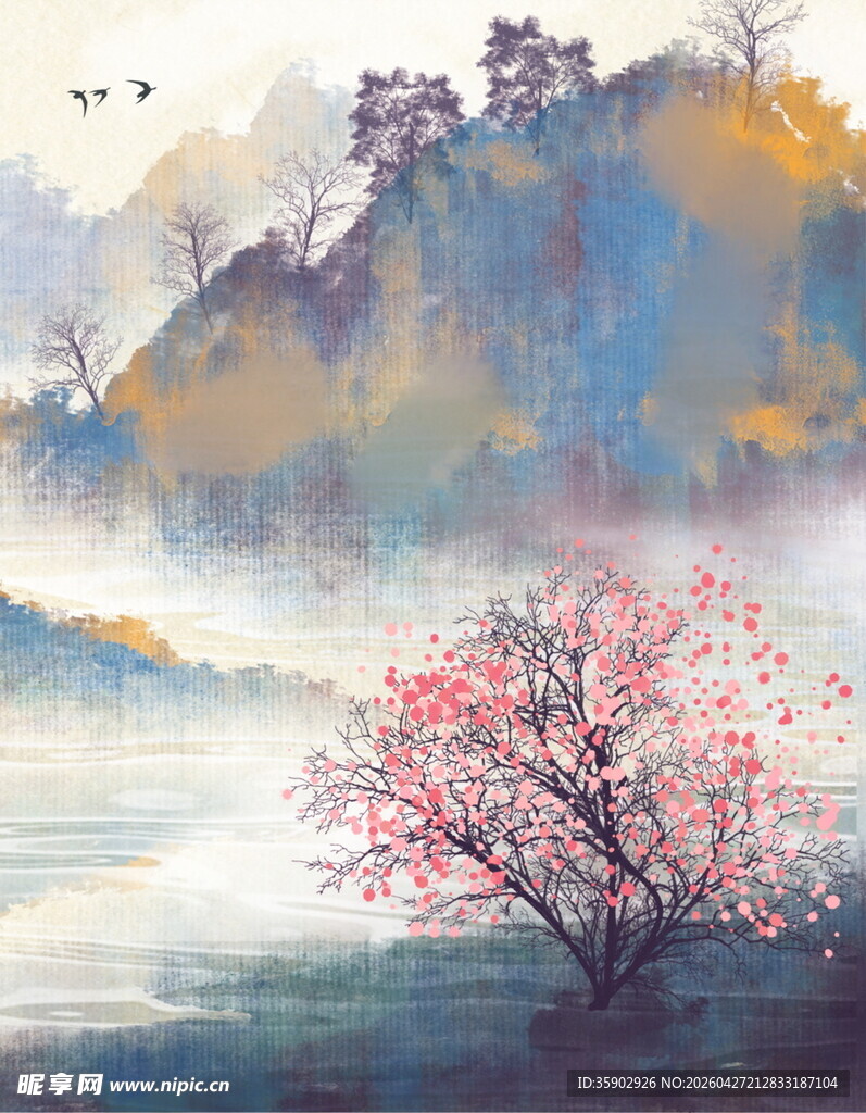 水墨山水间的烂漫桃花