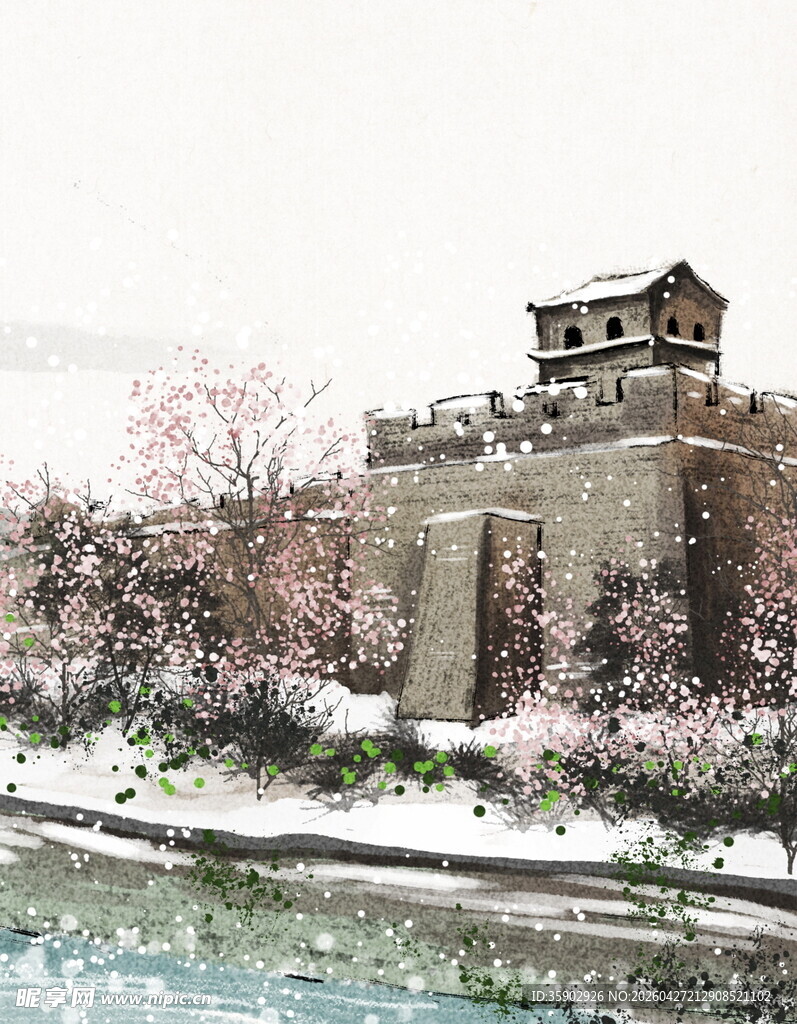 雪中古城景繁花映楼阁